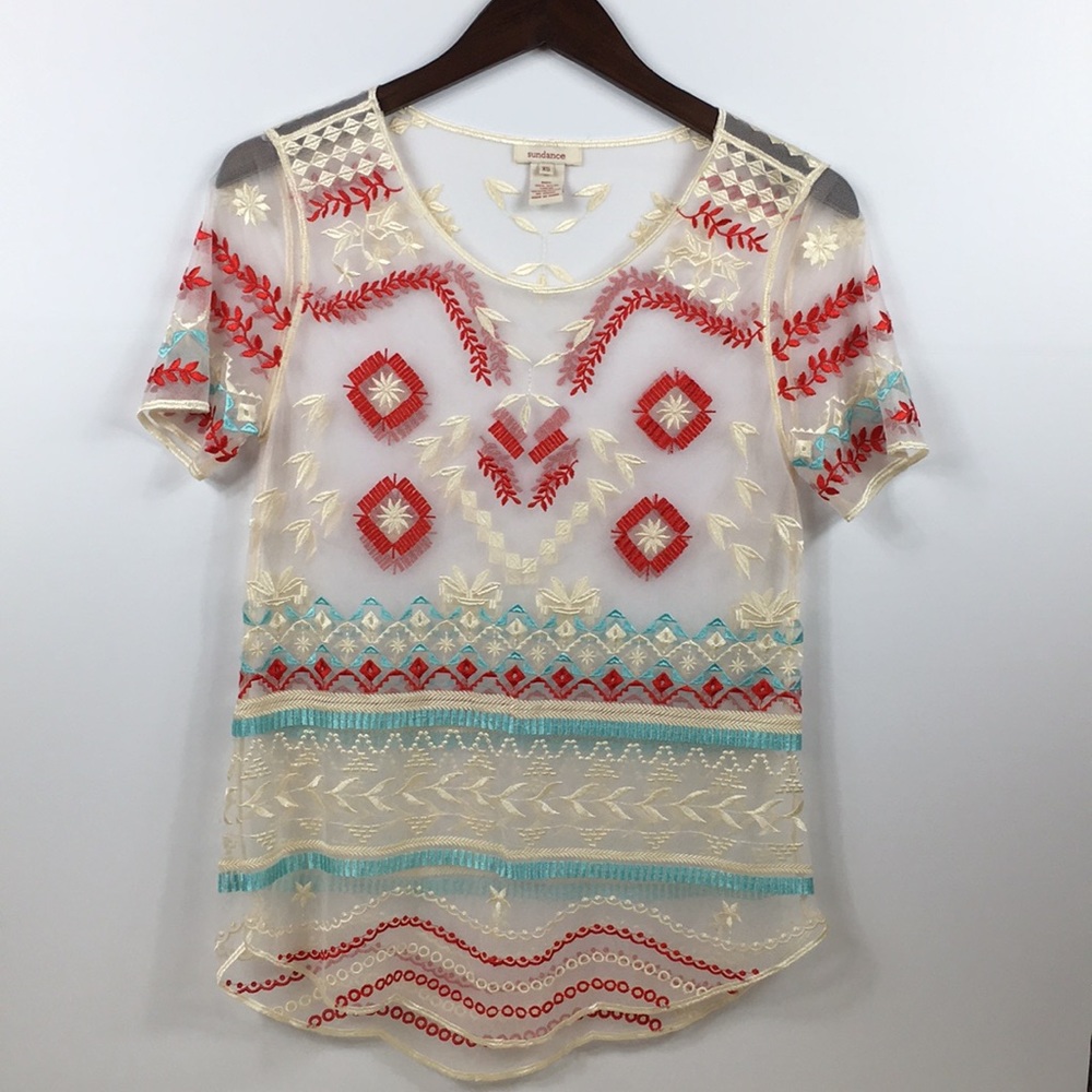Sundance Catalog Sheer Embroidered Top size XS